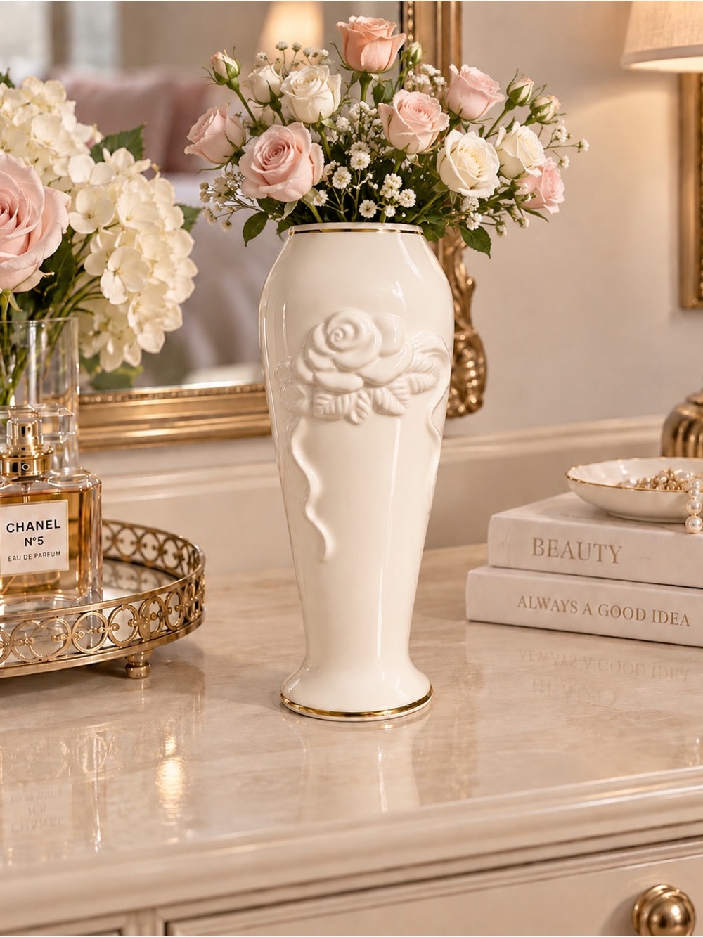 Lenox Ivory Cream Bud Vase Raised Rose Floral Gold Trim